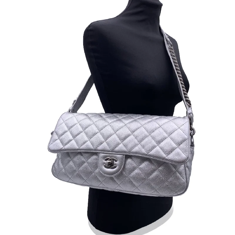 Chanel bags with intricate metal hardwareCHANEL Airline 2016 Silver Metal Quilted Leather Easy Flap Shoulder Bag