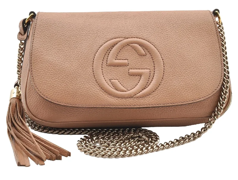 Women Gucci Sylvie bags with a leather - wrapped handleAuthentic GUCCI SOHO Chain Shoulder Cross Body Bag Leather 536224 Beige 7849I