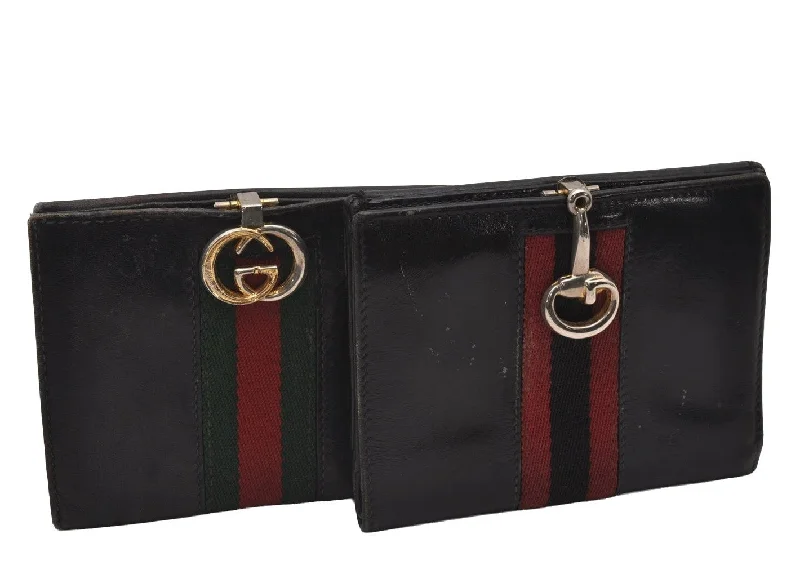 Small - sized Women Gucci shoulder bags for evening outingsAuthentic GUCCI Web Sherry Line Bifold Wallet Purse Leather Black 2Set 7413I