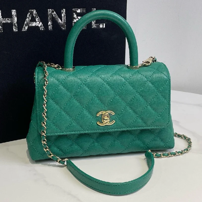 Chanel bags with iconic stitching detailsChanel Coco Handle Small Green Caviar Leather Microchip Handbag