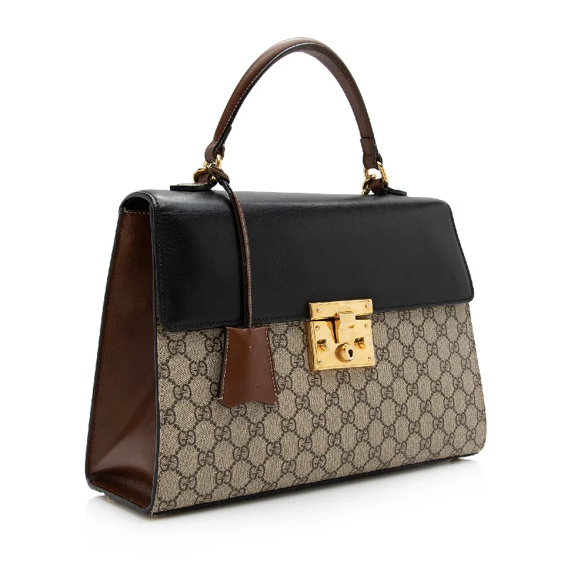 Ladies Gucci handbags with a detachable coin purse insideGucci GG Supreme Padlock Medium Top Handle Satchel (22676)