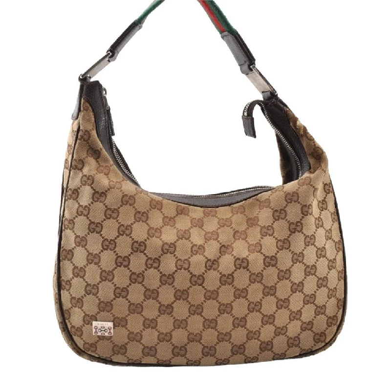 Women Gucci bags with a snap - button closure and a decorative charmAuth GUCCI Web Sherry Line Shoulder Bag GG Canvas Leather 145757 Brown 8618I