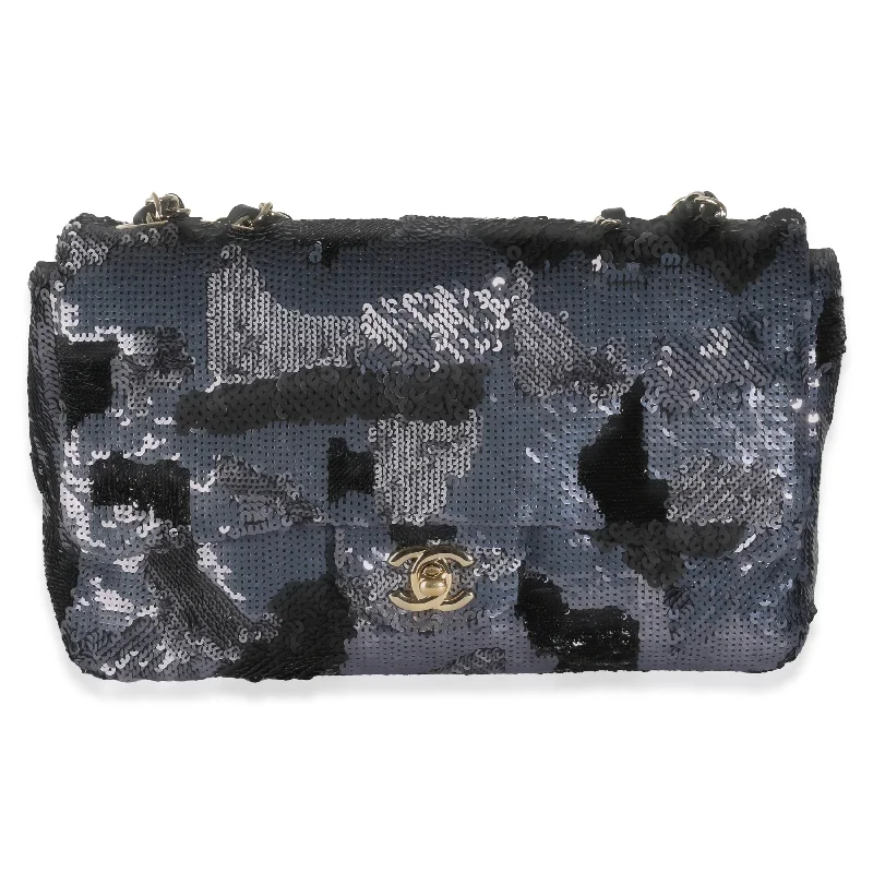 Chanel Lightweight Handbag for Daily ErrandsBlack Navy Camo Sequin Medium Single Flap Bag