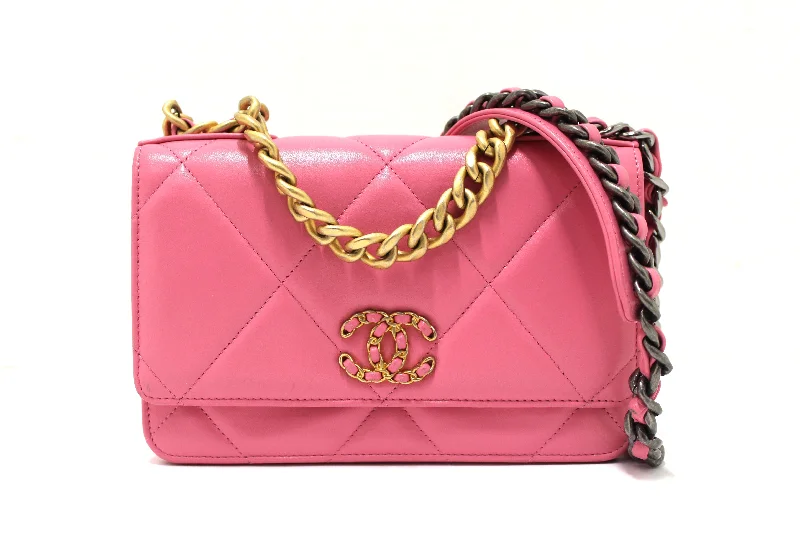 Chanel bags with iconic stitching detailsChanel 19 Wallet On Chain WOC Pink Lambskin Leather