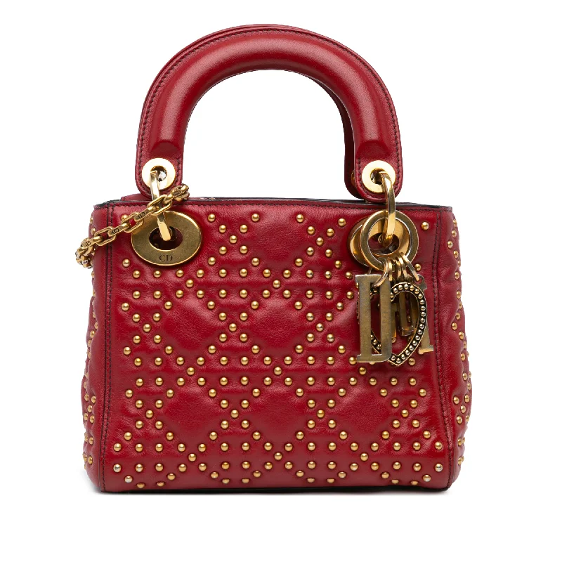 Christian Dior tote bags with a double - handle and shoulder - strap optionRed Dior Mini Lambskin Cannage Studded Supple Lady Dior Satchel