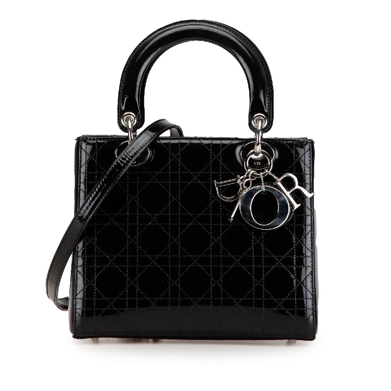 Christian Dior handbags with a detachable mirror for on - the - go touch - upsBlack Dior Medium Patent Cannage Stitched Lady Dior Satchel