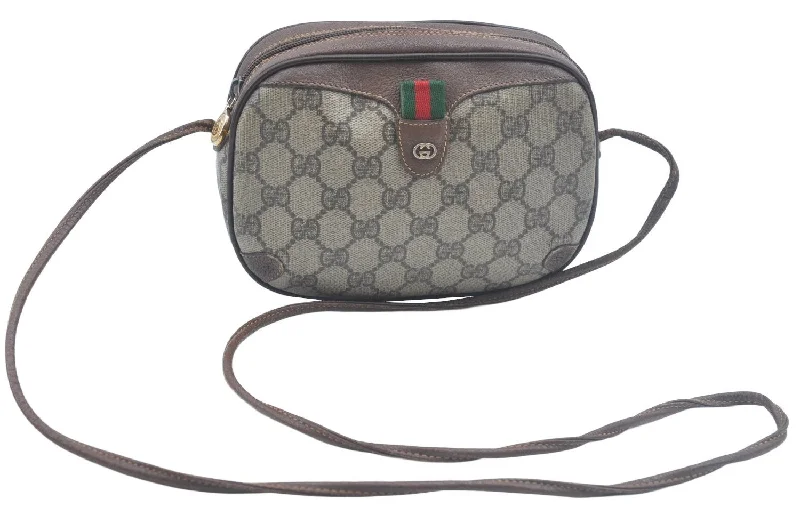 Ladies Gucci shoulder bags with a magnetic - closure flapAuthentic GUCCI Web Sherry Line Shoulder Cross Bag GG PVC Leather Brown K6556