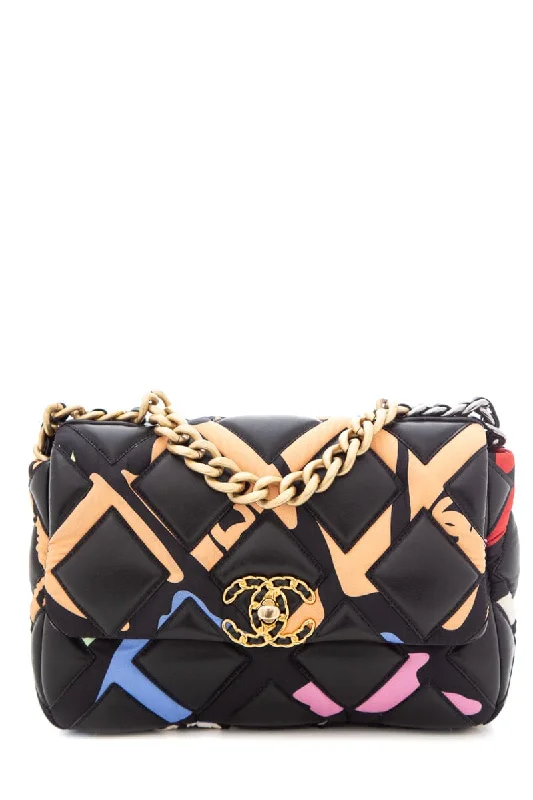 Chanel bags for the minimalist fashionChanel 19 Black Multicolor Printed Fabric &  Lambskin Handbag