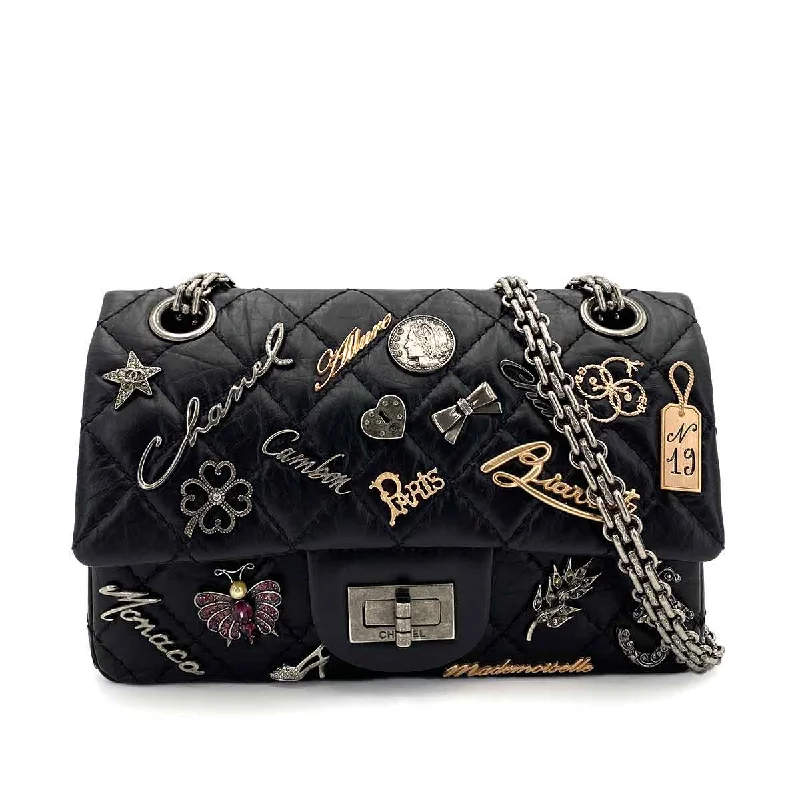 Chanel bags with leather and tweed combinationsCHANEL VINTAGE 2.55 LUCKY CHARM CHAIN SHOULDER BAG BLACK CALF SKIN SHW 90245051