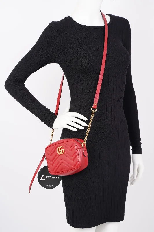 Women Gucci tote bags in GG Supreme canvas for a branded feelGucci Womens Marmont Shoulder Zip Bag Red Leather Mini