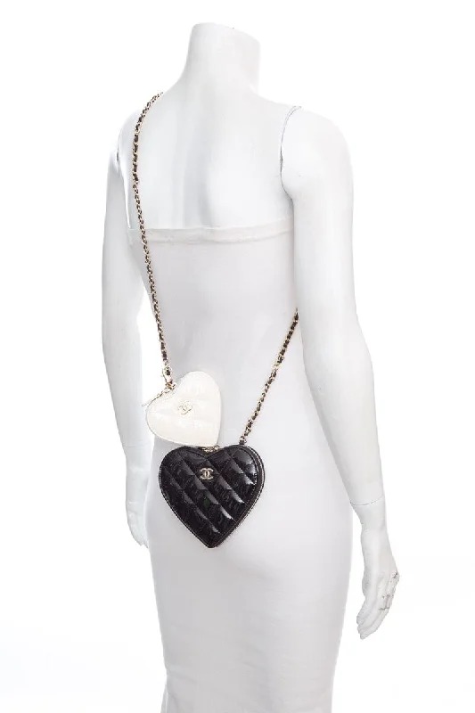 Chanel bags with chain and leather strap combinationsChanel Patent Calfskin Resin Quilted CC Heart Clutch Shoulder Bag