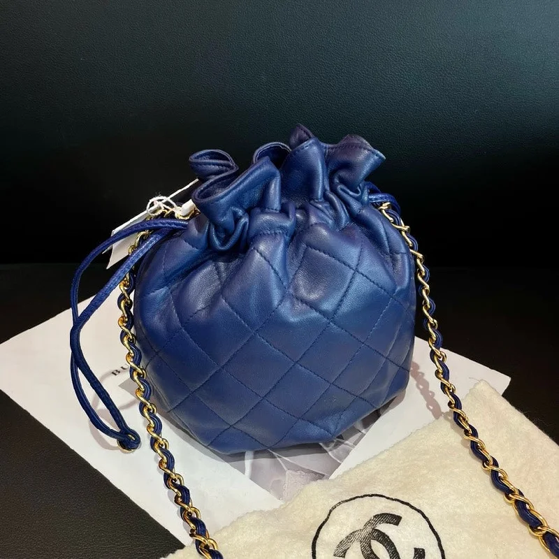 Chanel bags with intricate metal hardwareChanel Blue Sheepskin Drawstring Crossbody Bag