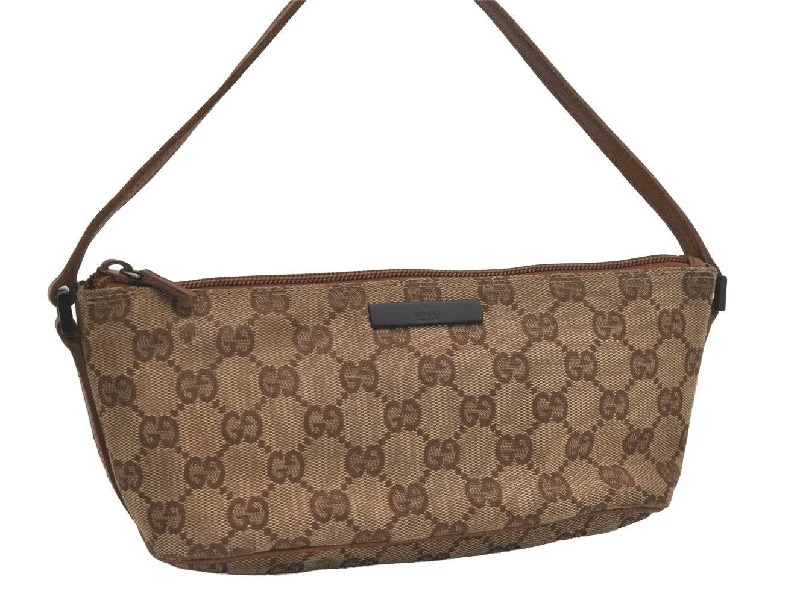 Women Gucci bags with a snap - button closure and a decorative charmAuthentic GUCCI Hand Bag Pouch Purse GG Canvas Leather 07198 Brown 7415I