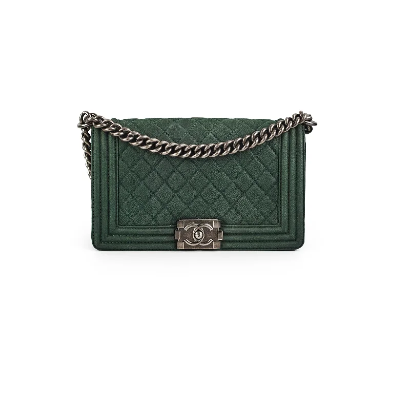 Chanel bags with leather and tweed combinationsChanel Old Medium Boy Oliver Green