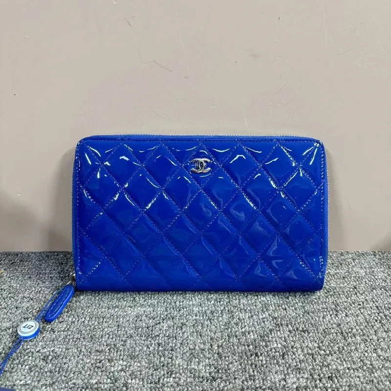 Chanel bags with chain and leather strap combinationsChanel Matelasse Blue Patent Leather Quilted Wallet Large