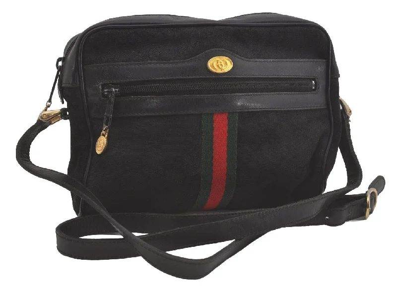 Ladies Gucci shoulder bags with a wide - width strapAuthentic GUCCI Web Sherry Line Shoulder Cross Bag GG Canvas Leather Black 7499I