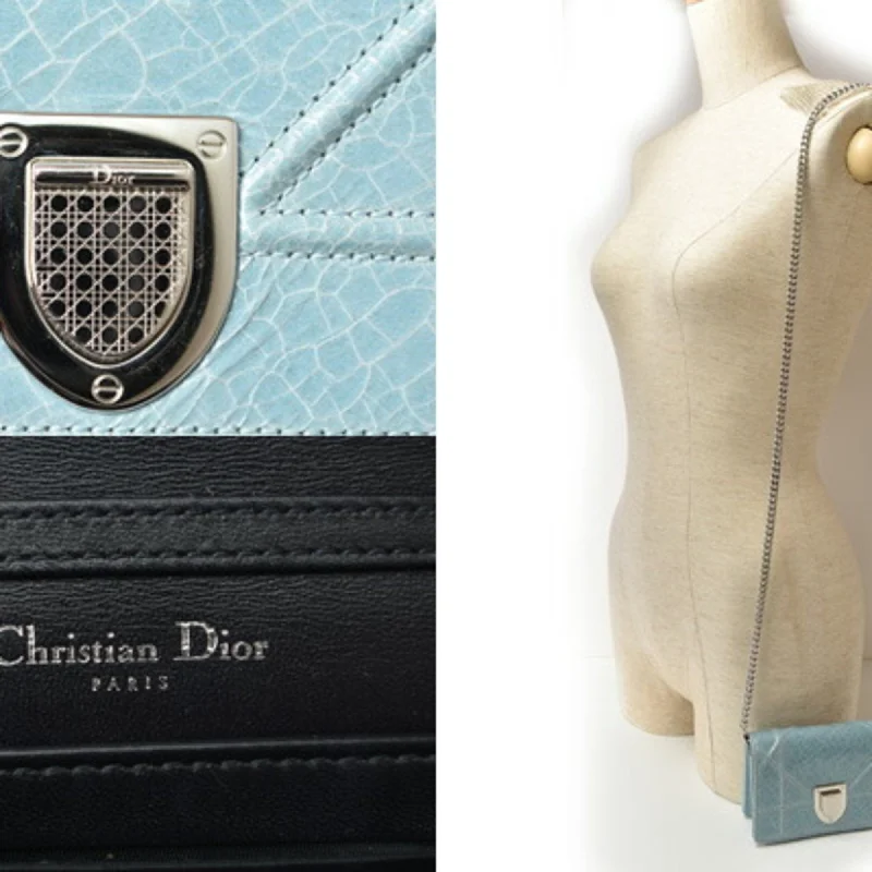 Christian Dior tote bags with a printed Dior logo on the frontChristian Dior Chain Pouch Cannage Patent Leather Light Blue