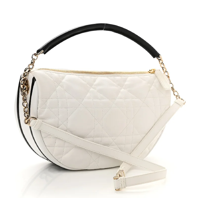 Luxury Christian Dior crossbody bags with a chain - link strapCHRISTIAN DIOR Lambskin Cannage Medium Dior Vibe Hobo Bag White