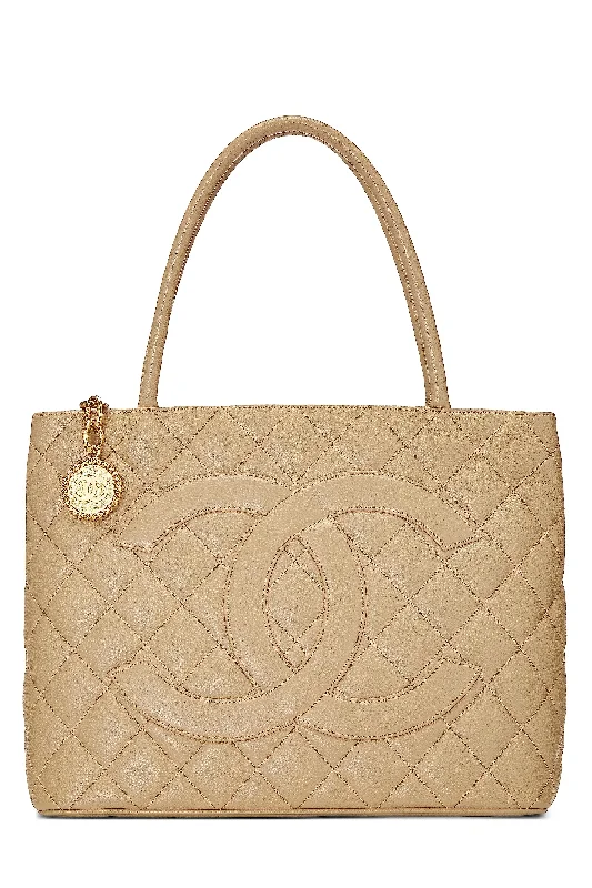 Chanel bags with intricate metal hardwareChanel,  Beige Quilted Caviar Medallion Tote, Beige