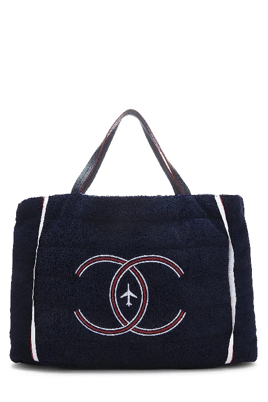 Chanel bags with adjustable chain strapsChanel,  Navy Terry Cloth & Silver Nylon Reversible Airlines Tote Large, Silver