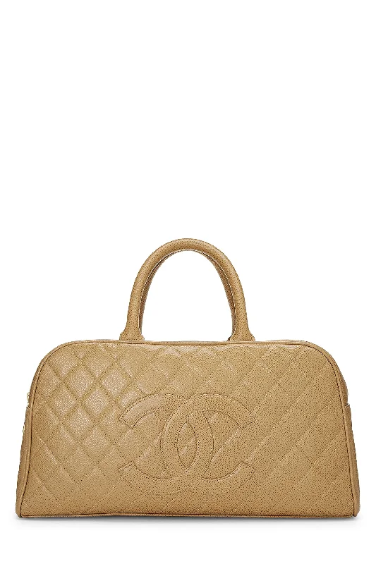 Chanel Handbag with Adjustable Strap for ComfortChanel,  Beige Quilted Caviar Bowler Medium, Beige