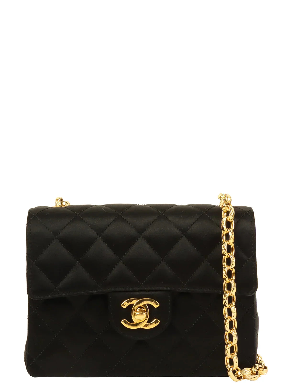 Chanel bags for the minimalist fashionCHANEL Around 1985~1990 Made Silk Satin Cc Mark Plate Chain Bag Mini Black